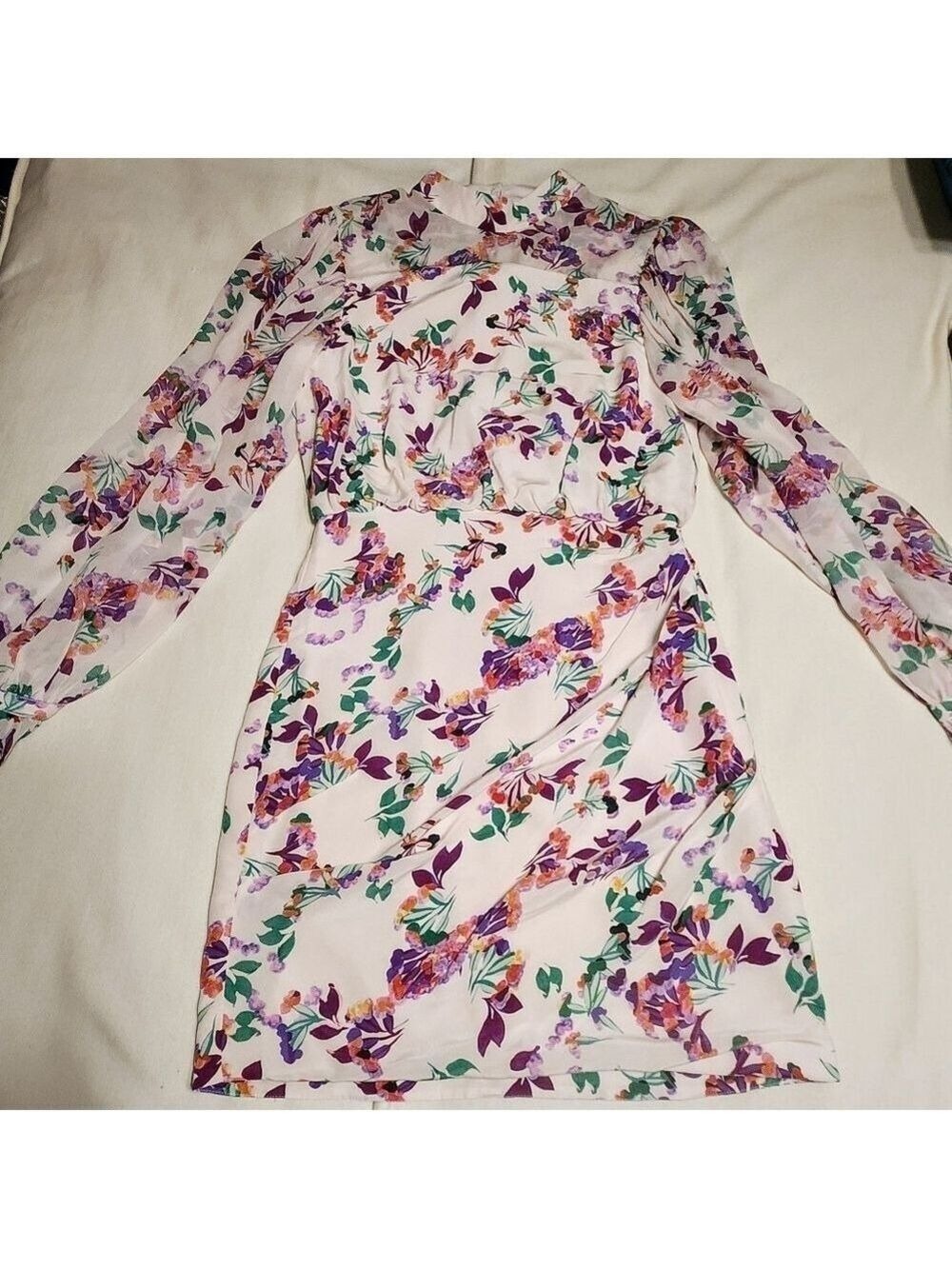 Saloni Rina Floral Silk Long Sleeve Mini Cocktail Dress - Picture 9 of 12